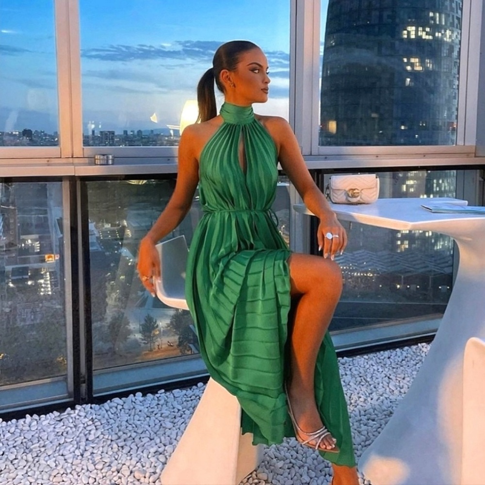 MANGO NWT BLOGGER FAVE Green Pleated Tie Neck Halter Midi Dress Sz 8 - Picture 17 of 17